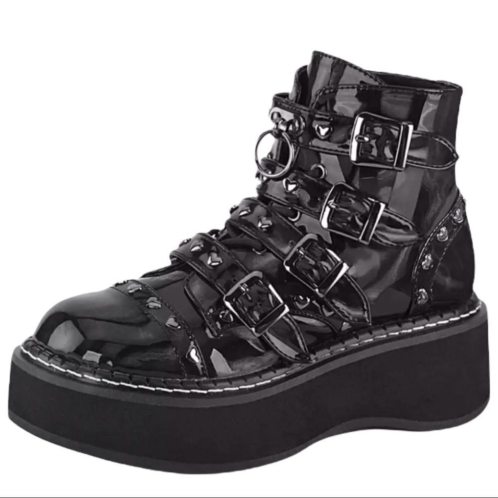 Black Patent Tainted Love Platform Moto Combat Boots NEW